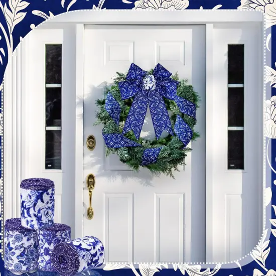 6 Rolls Christmas Chinoiserie Ribbon White and Blue Wired Edge Floral Ribbon Butterfly Flower Pattern Fabric Craft Wreath Bow Wrapping 2.52 Inches by 5 Yards {3}