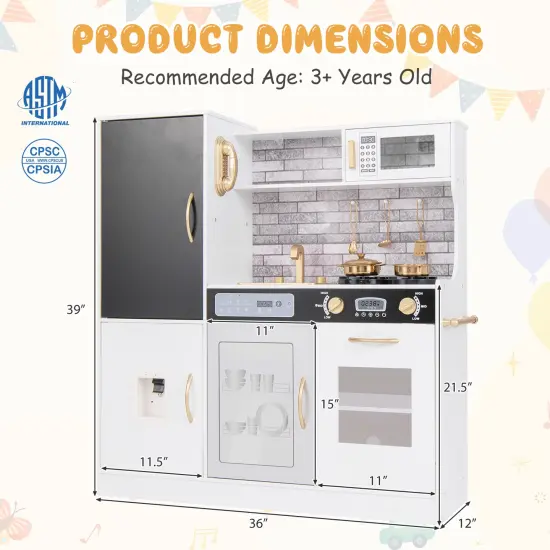 Pretend Play Kitchen with Utensils for Kids Aged 3+-White {5}