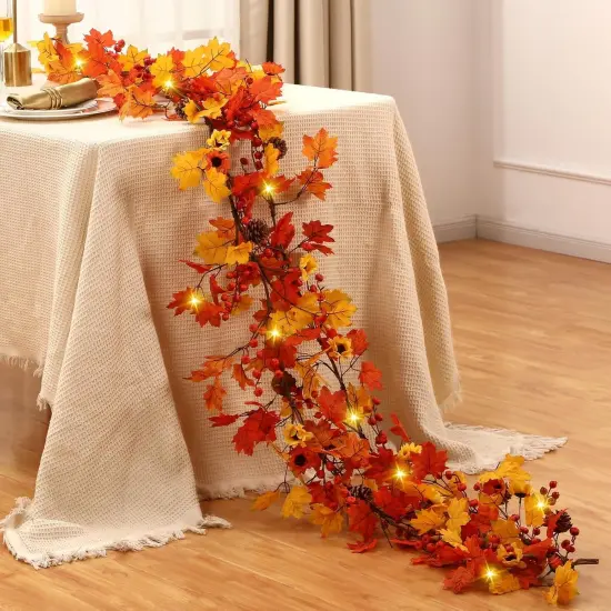 Autumn Garland Maple Leaves with 50 LED Artificial Sunflower Berry Vine {1}