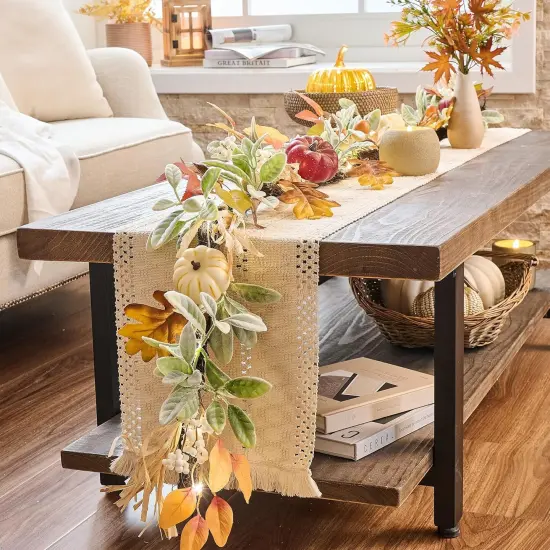 Lambs Ear Leaves Garland with Lights Pumpkins Fall Garland - White/Brown {2}