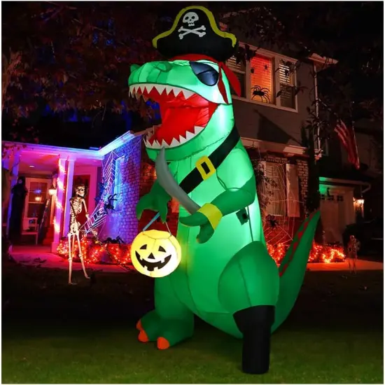 GOOSH 7 FT Halloween Inflatables Dinosaur Blow Up Yard Pirate Dinosaur with Pumpkin Decoration with Built-in LEDs {1}