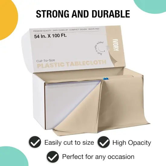 Exquisite Party Solids 54" x 100' Plastic Table Cover Roll with Slide Cutter &ndash; Cut-to-Size Dispenser Box &ndash; Makes Up to 36 Disposable 8' Rectangle Tablecloths Ivory {5}