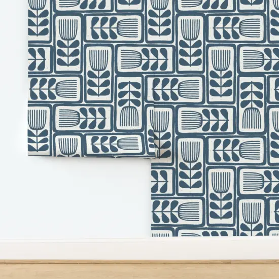 Pre-Pasted Wallpaper 2FT Wide Retro Block Print Blue Abstract Flowers Minimal Stamped Japandi Custom Pre-pasted Wallpaper by Spoonflower {2}