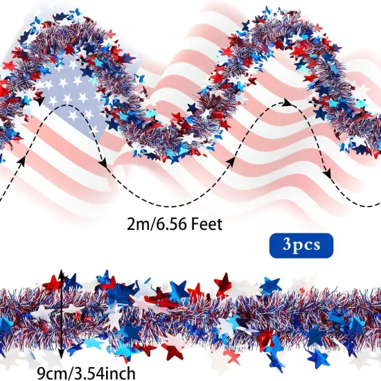 Independence Day Metallic Tinsel Twist Garland Patriotic Garland Decorations 4th of July Red White Blue Hanging Supplies for Memorial Day Party Indoor Outdoor Holiday Decor, 3 Pcs 19.7 Feet {3}