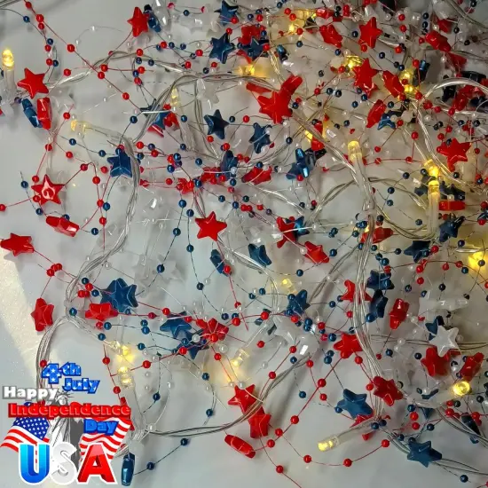14Ft 40 LED Red White Blue Star Garland with Lights for 4th of July Decorations {3}