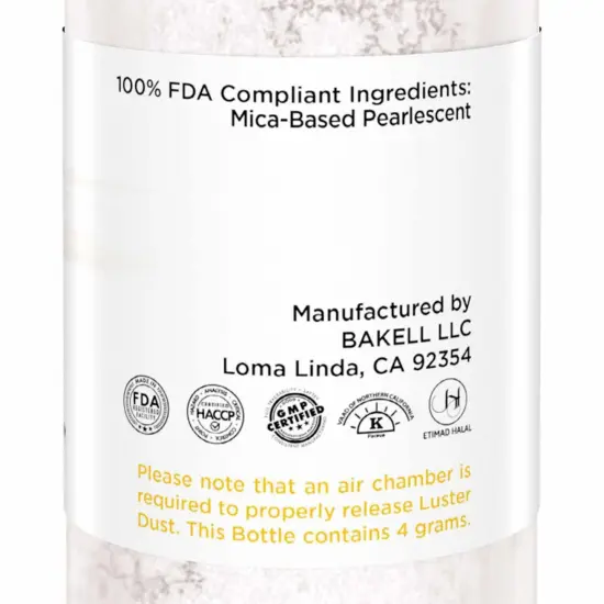 Bakell - Intense Pearl White Luster Dust (4g, 1x Pump) Edible Vegan Dust & Paint for Baking, Desserts and Beverages {6}