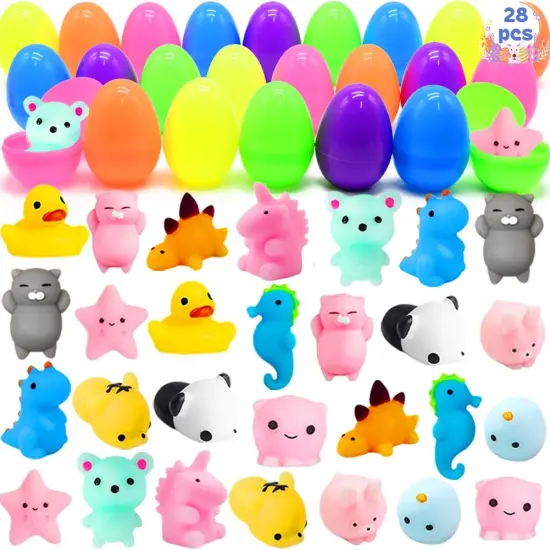 28Pcs Easter Eggs Prefilled with Mochi Squishy Toys, Mini Kawaii Animals Squishies Stress Relief for Kids Easter Egg Hunt Easter Basket Stuffers School Classroom Gifts {1}