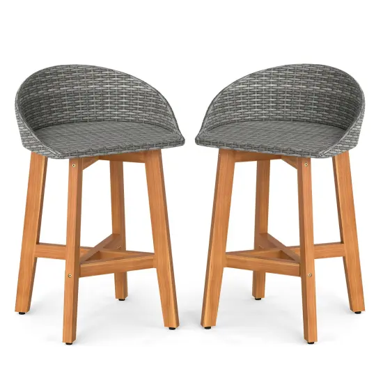 Costway Outdoor Faux Rattan Bar Chairs Set of 2/4 Solid Acacia Wood Bar Stools for Porch Brown/Gray {1}
