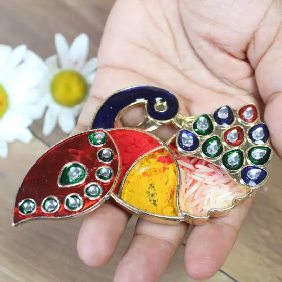 10 Piece Decorative Bulk Peacock Haldi Kumkum Holder Roli Chawal/rice Holder Indian Festival Favor Diwali Rakhi Pooja Mandir Tika Platter Housewarming Gifts {3}