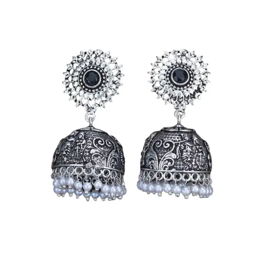 Indian Oxidized Jhumka Earrings for Women - Indian Floral Oxidized Jhumki Ethnic Chandbali Earrings Faux Pearls with Oxidized Platting Bollywood Style Dangle Earring Jewelry for Bride BLACK {1}
