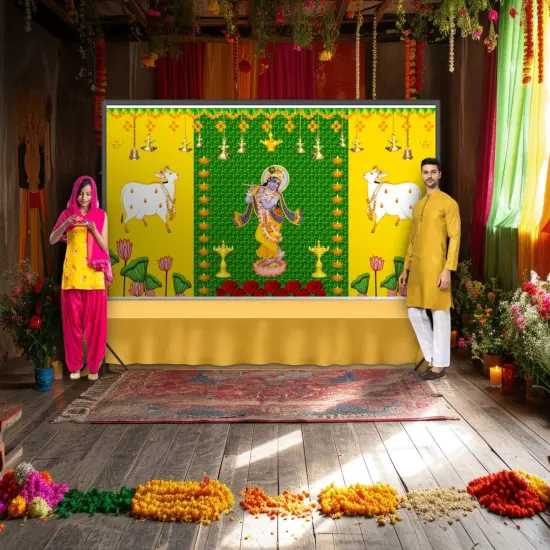 Krishna with Cow Backdrop Indian Traditional Cloth 5x8 Feet Backdrop Pooja Wall Decor Indian Wall Art Photo Decor Banner Indian Janmashtami Decor Decorative Pooja Cloth {1}