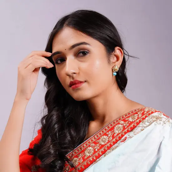 Indian Kundan Small Earrings for Women - Indian Traditional Small Jhumka Chandbali Kundan Stud Earrings in Gold & White Tone Bollywood Style Small Dangle Earrings for Women Bridal Jewellery RubyGreen {2}