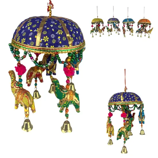 Elephant Umbrella Door Hanging Rajasthani Wall Window Feng Shui Hanging Handicraft Traditional Ethnic Latkan Toran with Tokri for Home Office Decor Decorative Ornament Party Decor Yellow {5}