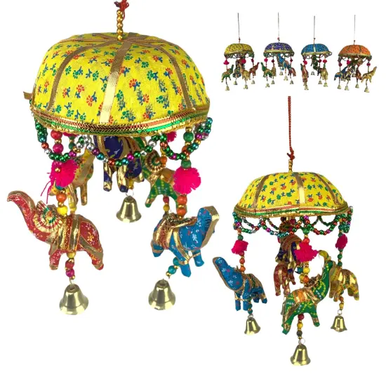 Elephant Umbrella Door Hanging Rajasthani Wall Window Feng Shui Hanging Handicraft Traditional Ethnic Latkan Toran with Tokri for Home Office Decor Decorative Ornament Party Decor Yellow {1}