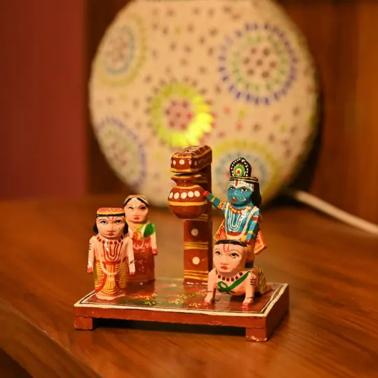 Wooden Krishna Makhan Chor Leela for Janmashtmi Golu Decoration Handpainted Kondapalli Krishna Set Show-piece for Home Temple Shelf Display Table Decor Gifting Item {2}