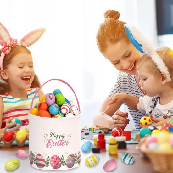 Easter Bunny Basket Egg Buckets Gifts Tote Bags, Canvas Cotton Pink Cute Personalized Egg Hunt Basket Stuffers for Easter Party {3}