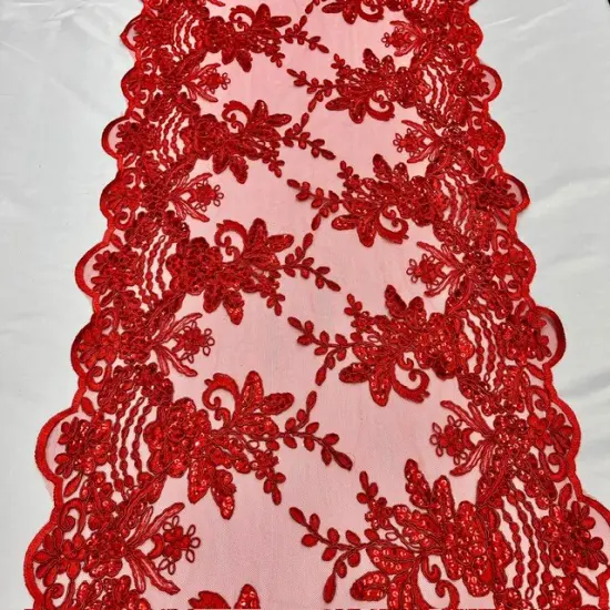 1 Yard Red Sequin Lace Fabric Embroidered Mesh Polyester for Evening Gowns Prom Dresses 54" Width {1}