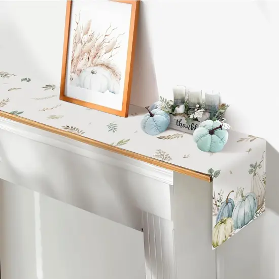 Fall Pumpkins Eucalyptus Leaves Table Runner, 13x72 Inch Thanksgiving Table Runner {5}