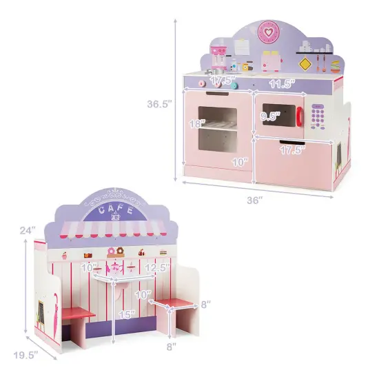 Costway 2 in 1 Kids Play Kitchen & Cafe Restaurant Wooden Pretend Cooking Playset Toy {2}