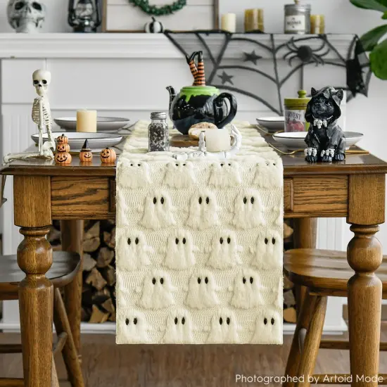 Beige Ghost Soft Plush Faux Fur Jacquard Halloween Table Runner {5}