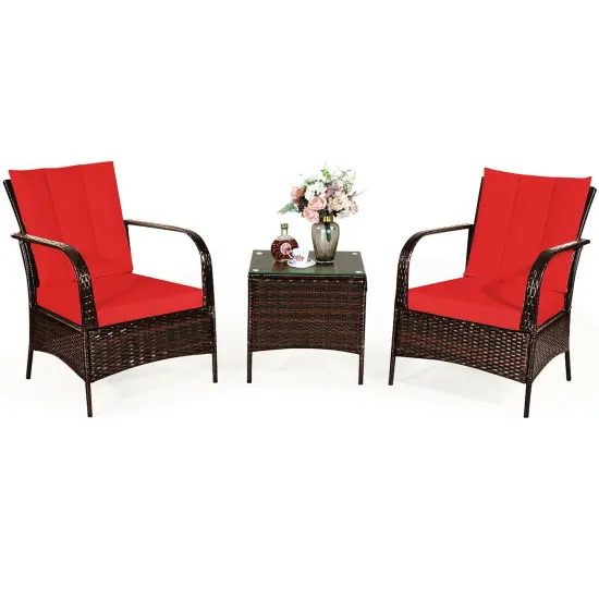 Costway 3 PCS Patio Rattan Furniture Set Coffee Table & 2 Rattan Chair W/Red Cushions {2}