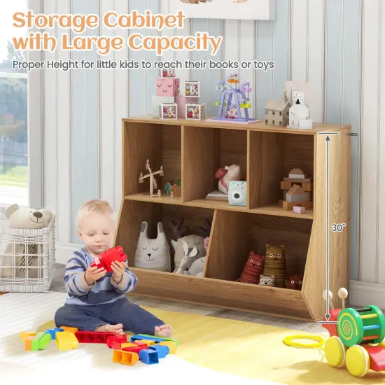 Costway 5-Cubby Kids Toy Storage Organizer Wooden Bookshelf Display Cabinet Natural/White {6}