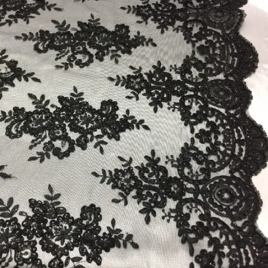 1 Yard Black Sequin Lace Fabric Polyester Blend Embroidered Mesh, 54&Prime; Wide for Evening Gowns, Bridal Wear {1}