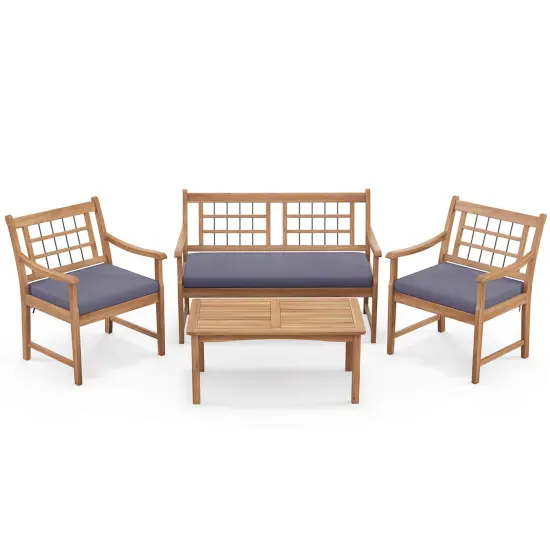 Costway 4 PCS Wood Patio Furniture Set with Soft Seat Cushions Solid Acacia Wood Frame Off White/Gray {7}