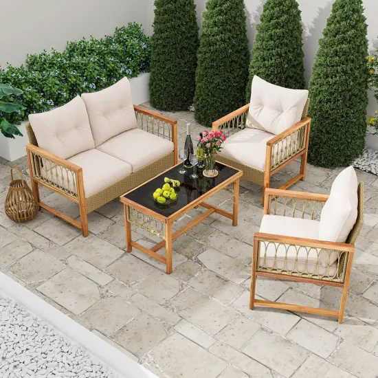 Costway 4 PCS Patio Furniture Set with Acacia Wood Frame Cushions and Coffee Table {4}