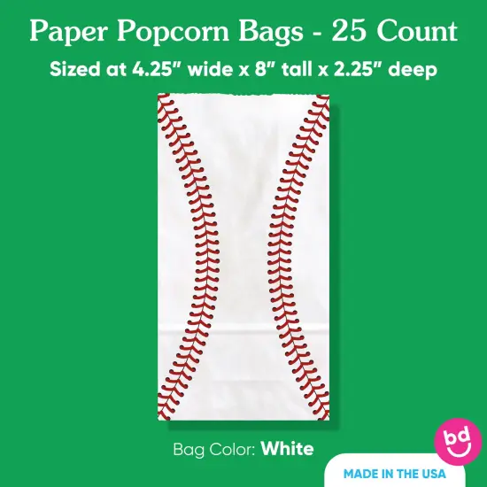 Big Dot of Happiness Baseball Popcorn Bags, Kids Sports Birthday Party Favor Snack Treats, Free-Standing Individual White Paper Bags - 25 Count {5}