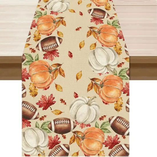 Fall Football Pumpkin Maple Leaves Table Runner {1}