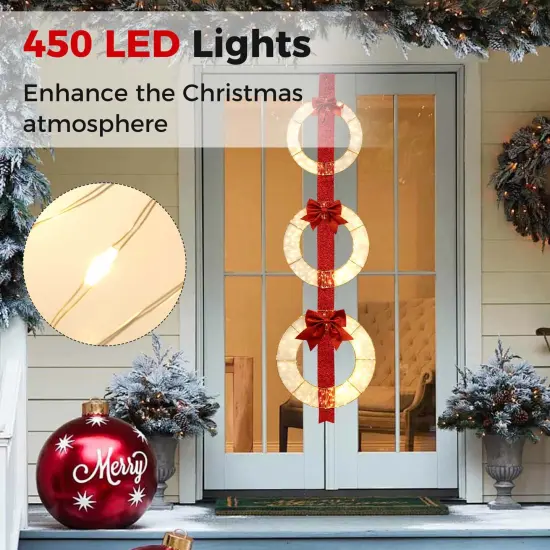 Costway Set of 3 Pre-Lit Wreaths with 450 LED Lights Bows & Hanging Hook for Doors {4}