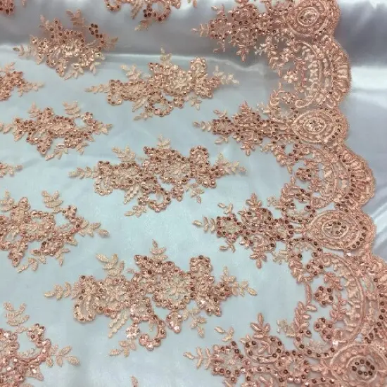 1 Yard Peach Sequin Lace Fabric Embroidered Mesh Polyester Blend for Evening Gowns Bridal Wear 54" Width {1}