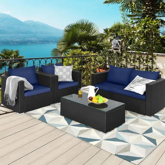 Costway 8 PCS Patio Rattan Furniture Set Cushioned Sofa Chair Coffee Table Blue {1}