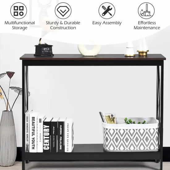 Costway 2-Tier Console Table x-Design Bookshelf Sofa Side Accent Table w/Shelf White\ Black\Espresso\Wood Grain {8}