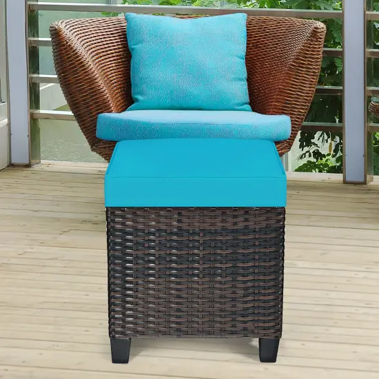Costway 2PCS Patio Rattan Ottoman Cushioned Seat w/ Foot Rest Turquoise {4}