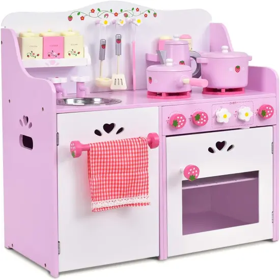 Costway Kids Wooden Play Set Kitchen Toy Strawberry Pretend Cooking Playset Toddler {1}