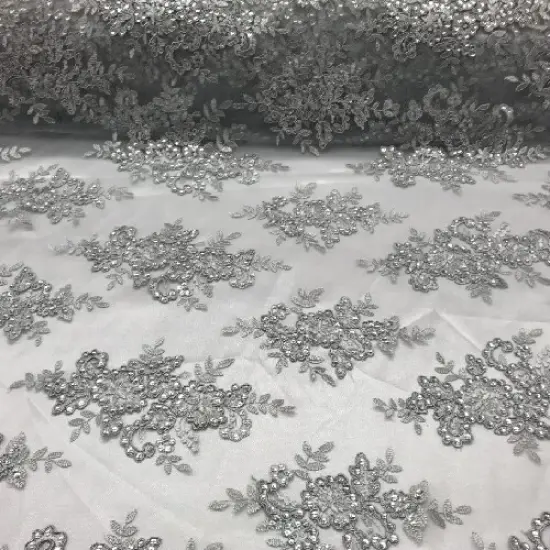 1 Yard Silver Sequin Lace Fabric with Embroidered Mesh and Scalloped Border {1}