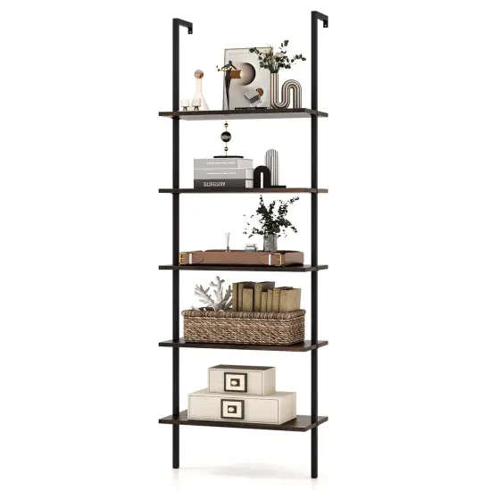 Costway 5 Tier Ladder Shelf 71'' Height Wall-Mounted Bookshelf Display Storage Organizer Brown/Natural/White {7}