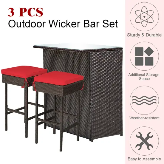 Costway 3PCS Patio Rattan Wicker Bar Table Stools Dining Set Cushioned Chairs Garden Red {5}