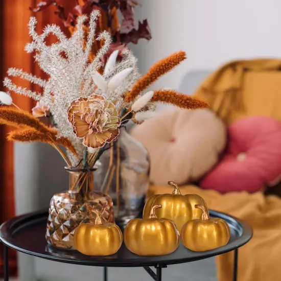 12 Pcs Assorted Small Artificial Gold Pumpkins - Gold {5}