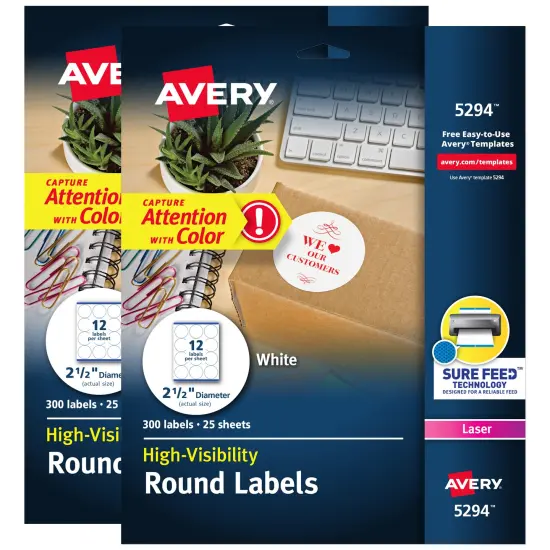 Avery High Visibility Round Labels with Sure Feed for Laser Printers, 2-1/2" 600 Labels (45294) {1}