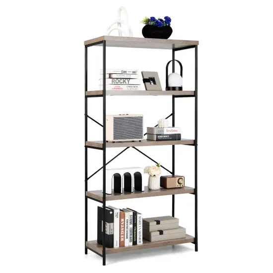 Costway 5-Tier Rustic Industrial Bookshelf Wood Display Storage Rack with Metal Frame Grey {7}