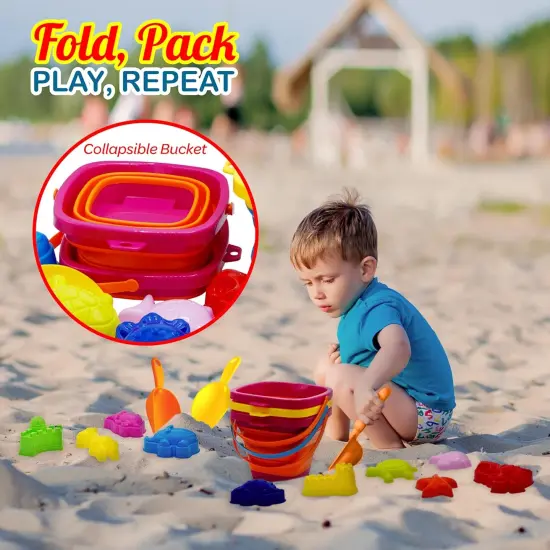 4E's Novelty 17 Pcs Beach Toys for Kids Travel - Sandcastle Building Kit 3 Collapsible Beach Bucket, 3 Shovels, 10 Sand Molds & Mesh Beach Bag, Collapsible Beach Toys for Kids {5}