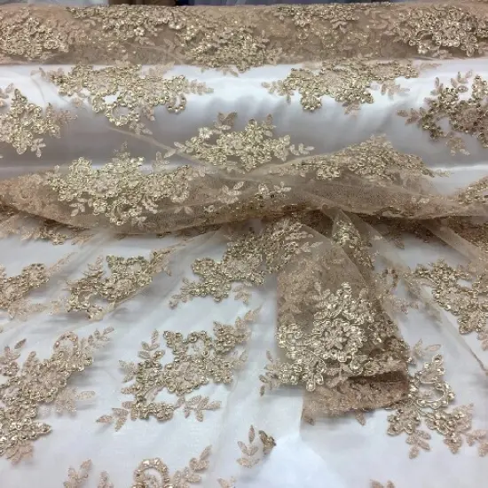 1 Yard Metallic Gold Sequin Lace Fabric 54" Wide Polyester Embroidered Mesh for Bridal & Evening Wear {1}