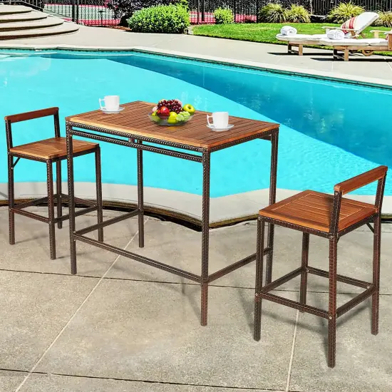 Costway 3 PCS Patio Rattan Wicker Bar wood Table Chair Outdoor {4}