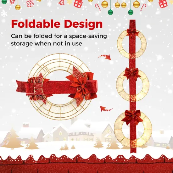 Costway Set of 3 Pre-Lit Wreaths with 450 LED Lights Bows & Hanging Hook for Doors {6}