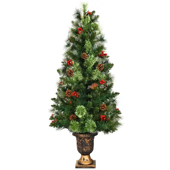 Costway 3/4/5 ft Pre-Lit Christmas Entrance Tree In Urn with 40/60/100 LED Light Red Berries Pine Cone {3}