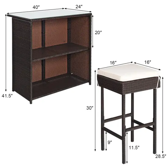 Costway 3PCS Patio Rattan Wicker Bar Table Stools Dining Set Cushioned Chairs Garden {2}