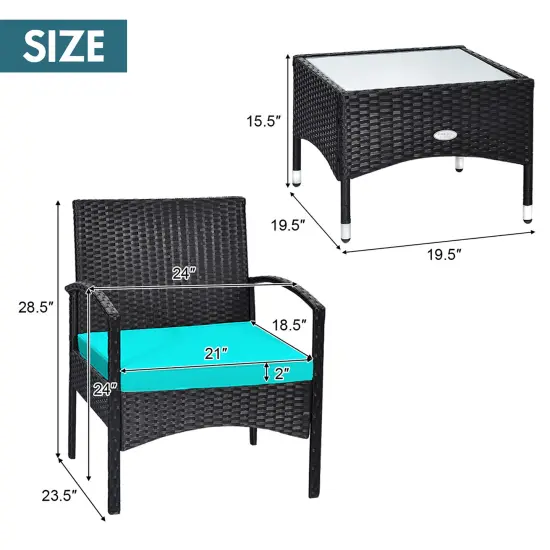 Costway 3 PCS Patio Wicker Rattan Furniture Set Coffee Table & 2 Rattan Chair W/Cushion {11}